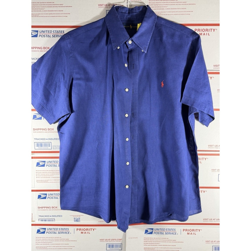 Polo Ralph Lauren Shirt Men's L Button Up Loop Collar Blue DRY CLEANED summer
